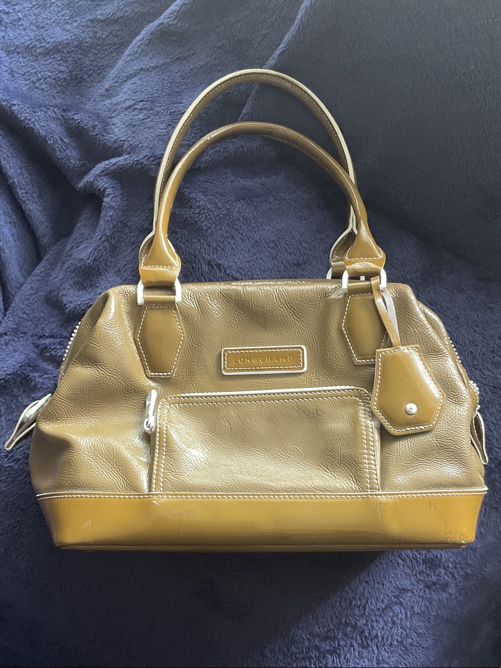 Longchamp Olive Green Lagende Patent Leather Satchel Handbag